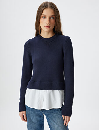 Triko Kazak Gömlek Etek Ucu Detaylı Bisiklet Yaka Uzun Kollu 