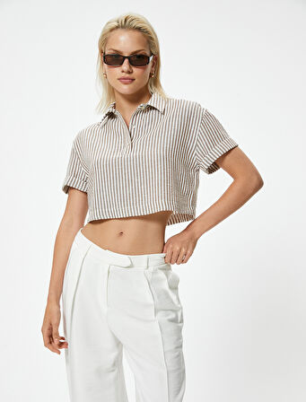 Kısa Kollu Crop Gömlek Yarım Düğme Detaylı 