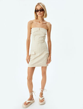 Straplez Elbise Mini Boy Kargo Cepli Gabardin Kumaş