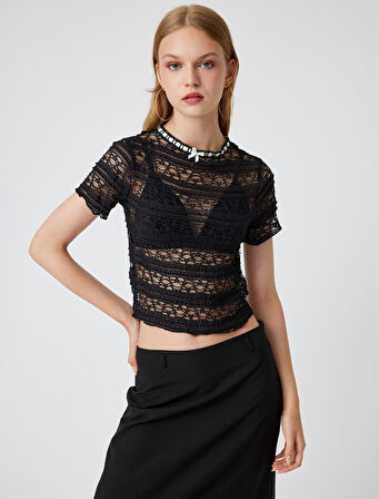 Fiyonklu Tişört Dantel Kısa Kollu Dik Yaka Slim Fit