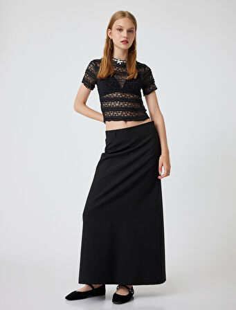 Fiyonklu Tişört Dantel Kısa Kollu Dik Yaka Slim Fit