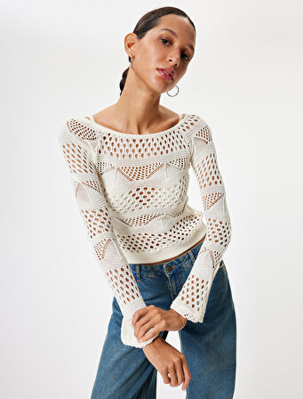 Kroşe Tişört Uzun Kollu Kayık Yaka Viskon Karışımlı