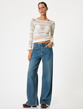 Kroşe Tişört Uzun Kollu Kayık Yaka Viskon Karışımlı