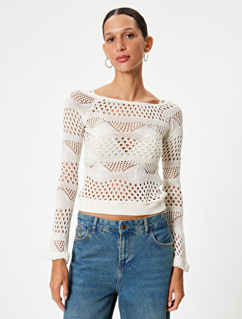 Kroşe Tişört Uzun Kollu Kayık Yaka Viskon Karışımlı