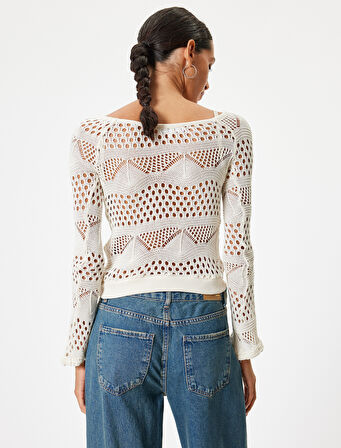 Kroşe Tişört Uzun Kollu Kayık Yaka Viskon Karışımlı