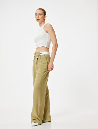 Bol Paça Pantolon Bel Detaylı Cepli Pile Detaylı