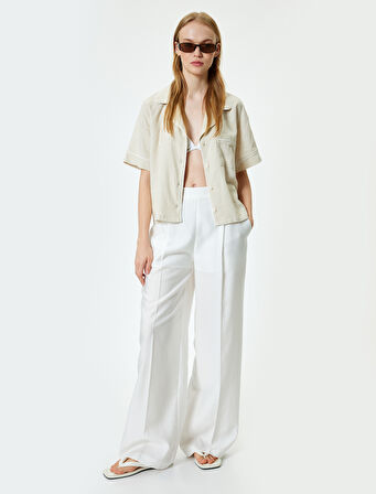 Keten Karışımlı Gömlek Kısa Kollu Cep Detaylı Devrik Yaka Düğmeli