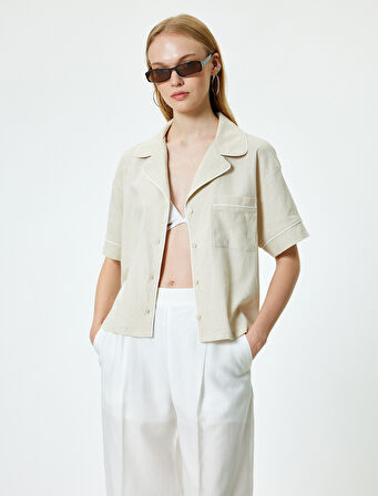 Keten Karışımlı Gömlek Kısa Kollu Cep Detaylı Devrik Yaka Düğmeli