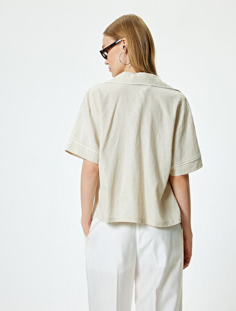 Keten Karışımlı Gömlek Kısa Kollu Cep Detaylı Devrik Yaka Düğmeli