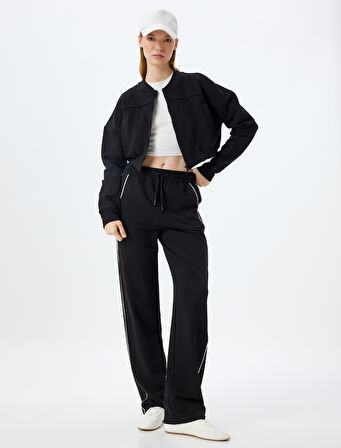 Spor Bomber Yaka Sweatshirt Fermuarlı Dikiş Detaylı Cepli Şardonlu