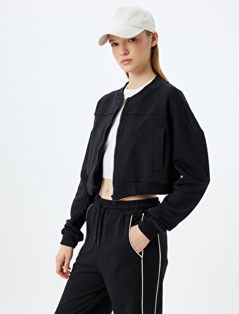 Spor Bomber Yaka Sweatshirt Fermuarlı Dikiş Detaylı Cepli Şardonlu