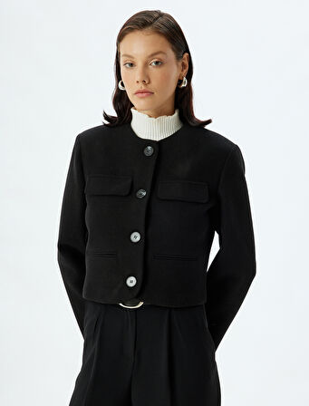 Uzun Kollu Düğmeli Slim Fit Crop Ceket