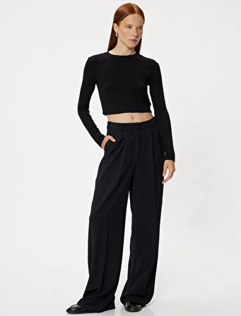 Uzun Kollu Crop Basic Tişört Yuvarlak Yaka Viskon Kumaş