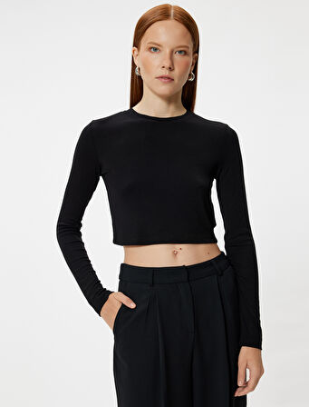 Uzun Kollu Crop Basic Tişört Yuvarlak Yaka Viskon Kumaş