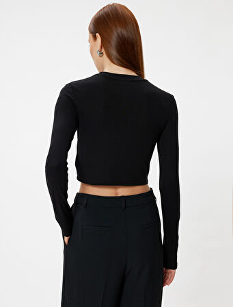 Uzun Kollu Crop Basic Tişört Yuvarlak Yaka Viskon Kumaş