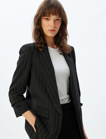 Şal Yaka Blazer Ceket 3/4 Kol Kapaklı Cep Detaylı Krep Kumaş