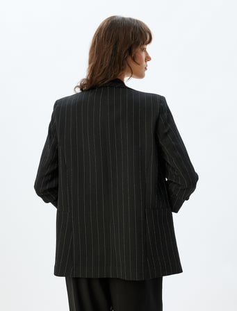 Şal Yaka Blazer Ceket 3/4 Kol Kapaklı Cep Detaylı Krep Kumaş