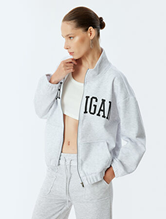 Oversize Fermuarlı Kolej Baskılı Dik Yaka Sweatshirt