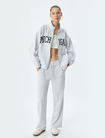 Oversize Fermuarlı Kolej Baskılı Dik Yaka Sweatshirt