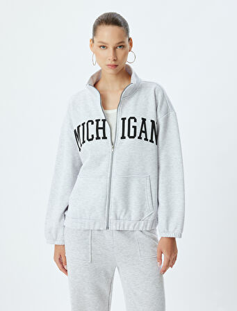 Oversize Fermuarlı Kolej Baskılı Dik Yaka Sweatshirt
