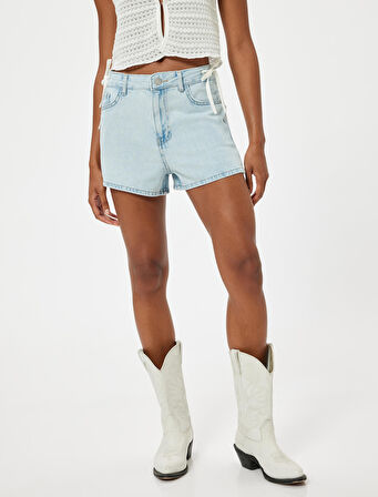 Mini Kot Şort Fiyonk Detaylı Düğmeli Rahat Kalıp Cepli