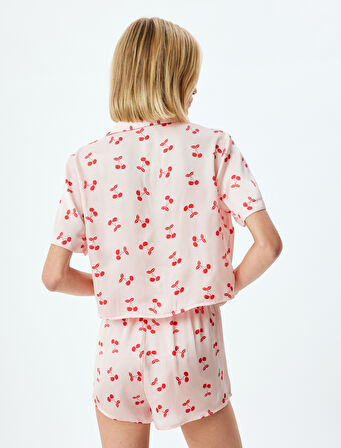 Fiyonk Bağlamalı Kiraz Baskılı Kısa Kollu Crop Pijama Üstü