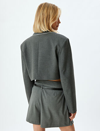 Crop Blazer Ceket Kruvaze Ters Yak Renk Kontrast Detaylı