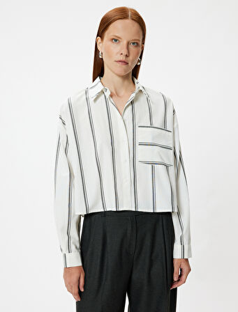 Crop Poplin Gömlek Uzun Kollu Cep Detaylı Pamuklu