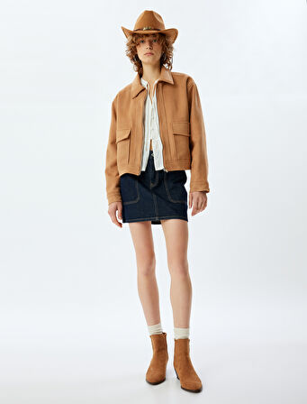 Süet Görünümlü Ceket Cep Detaylı Fermuarlı Klasik Yaka