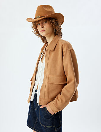 Süet Görünümlü Ceket Cep Detaylı Fermuarlı Klasik Yaka