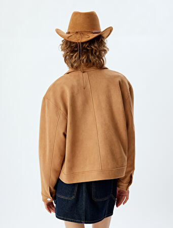 Süet Görünümlü Ceket Cep Detaylı Fermuarlı Klasik Yaka