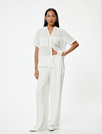 Kısa Kollu Yakasız Gömlek Cep Detaylı Rahat Kalıp