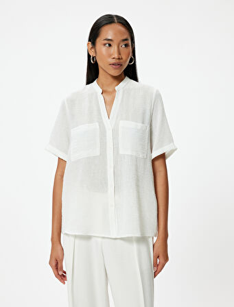 Kısa Kollu Yakasız Gömlek Cep Detaylı Rahat Kalıp