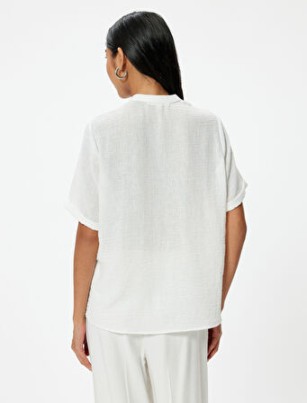 Kısa Kollu Yakasız Gömlek Cep Detaylı Rahat Kalıp