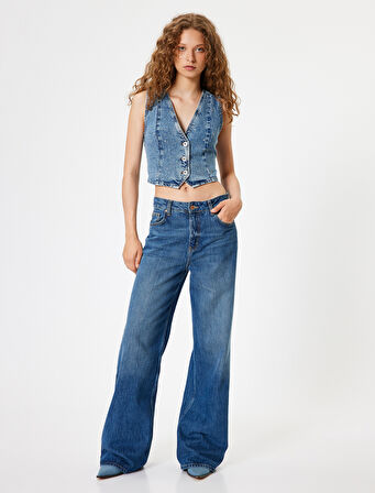 Kot Yelek Taşlı Crop Kolsuz Düğmeli V Yaka 