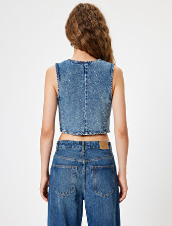 Kot Yelek Taşlı Crop Kolsuz Düğmeli V Yaka 