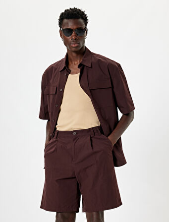 Kumaş Şort Oversize Pileli Chino Düğmeli Cep Detaylı