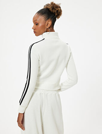 Fermuarlı Crop Sweatshirt Biyeli Dik Yaka Şardonlu 