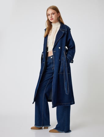 Denim Trençkot Uzun Kruvaze Yaka Apoletli Kemer Detaylı Cepli