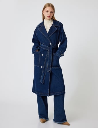 Denim Trençkot Uzun Kruvaze Yaka Apoletli Kemer Detaylı Cepli