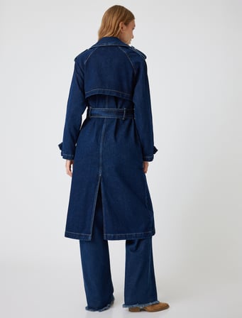 Denim Trençkot Uzun Kruvaze Yaka Apoletli Kemer Detaylı Cepli