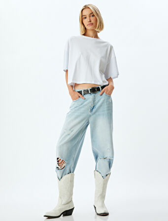 Çizgili Bisiklet Yaka Kısa Kollu Pamuk Tişört