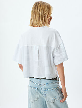 Çizgili Bisiklet Yaka Kısa Kollu Pamuk Tişört