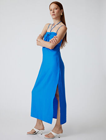 Koton X Şahika Ercümen - Askılı Viskon Uzun Elbise Halka Detaylı Yırtmaçlı