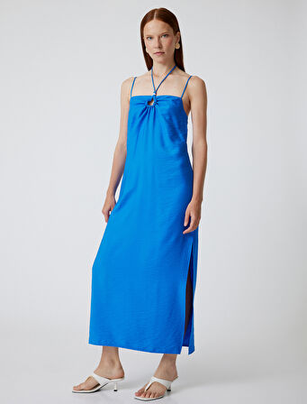 Koton X Şahika Ercümen - Askılı Viskon Uzun Elbise Halka Detaylı Yırtmaçlı