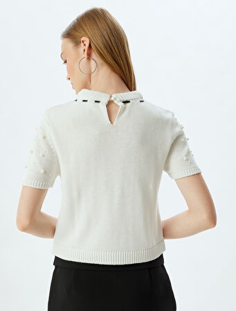 Fiyonklu Kazak İnci Detaylı Kısa Kollu Bisiklet Yaka