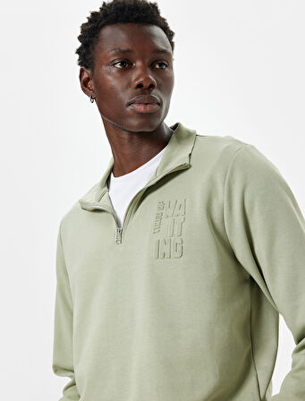 Slogan Baskılı Sweatshirt Yarım Fermuarlı Basic Pamuklu İnterlok Kumaş