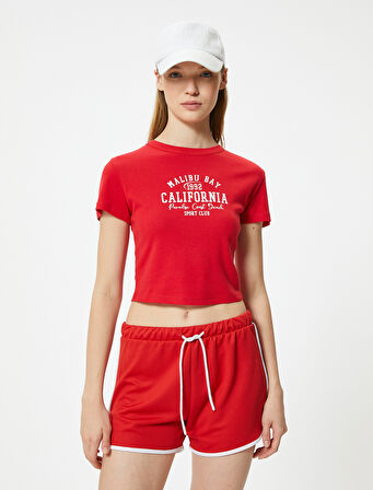 Crop Tişört Kolej Baskılı Kısa Kollu Slim Fit Bisiklet Yaka