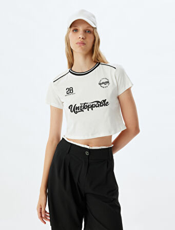 Crop Tişört Slogan Baskılı Bisiklet Yaka Biyeli Slim Fit