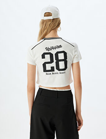 Crop Tişört Slogan Baskılı Bisiklet Yaka Biyeli Slim Fit